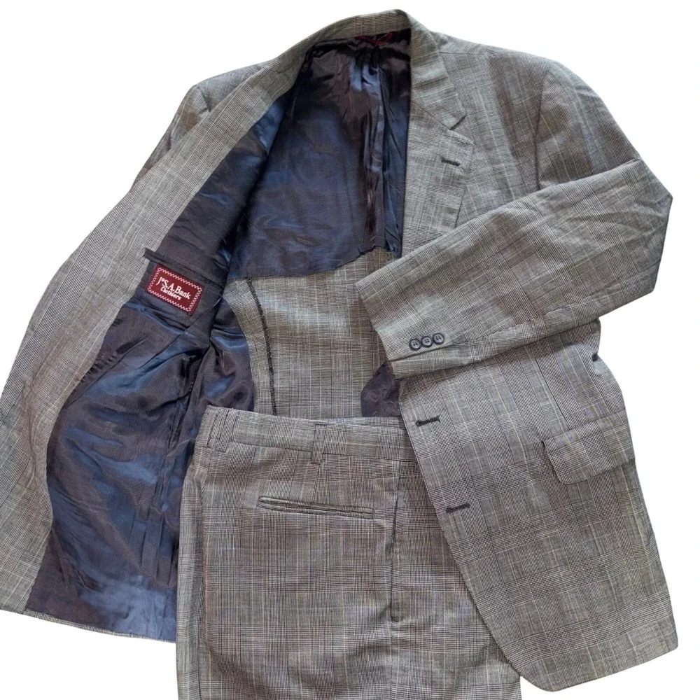 Jos.‎ A. Bank Clothiers Mens Grey Windowpane Plaid 2 Piece Suit Blazer Pants Set